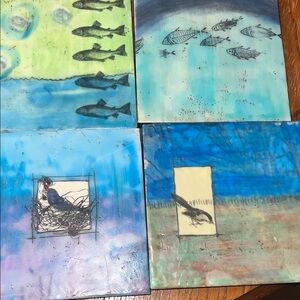 Victoria Eubanks ART Set of Artistic Fish and Bird Themed Tiles